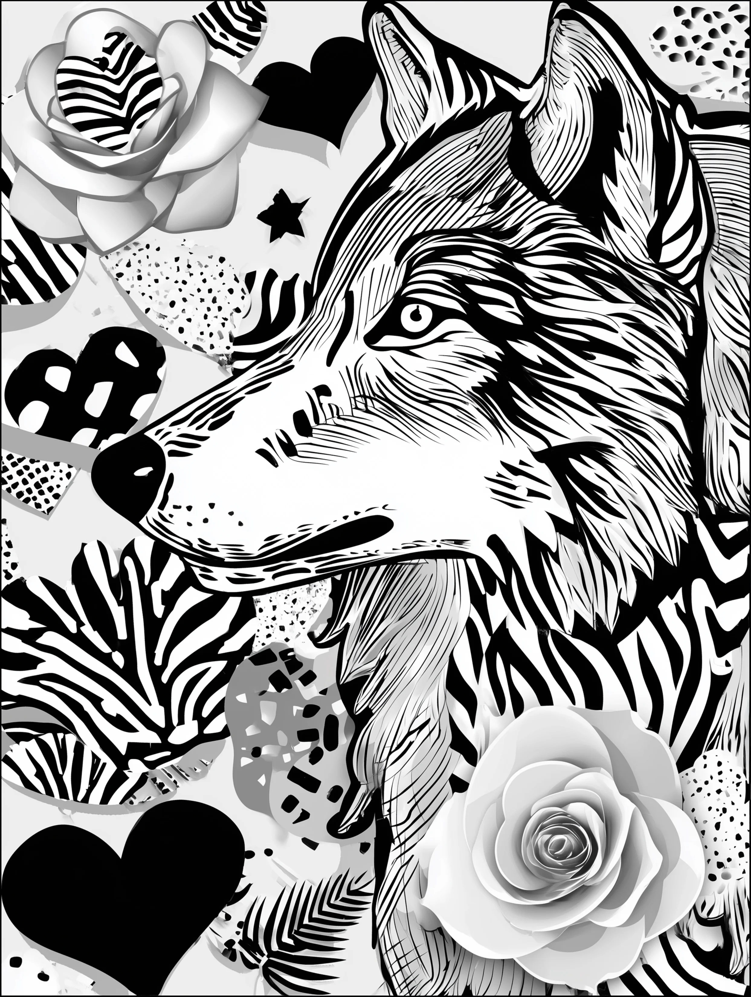 Free printable wolf coloring page for adults featuring a wolf with a stern expression